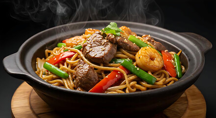 Fototapeta premium Colorful Mongolian tsuivan noodles with mutton, served in a rustic clay bowl. Close-up view with visible textures of glossy noodles, meat, and vegetables. Perfect for culinary editorials and travel 