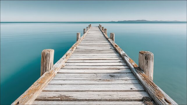 Wooden pier extending over tranquil turquoise water towards distant horizon and mountains