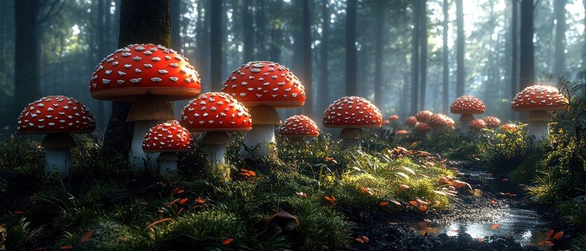 Enchanting forest scene with vibrant red toadstools. Sunlight filters through tall trees, illuminating a small stream. Lush greenery and moss carpet the forest floor