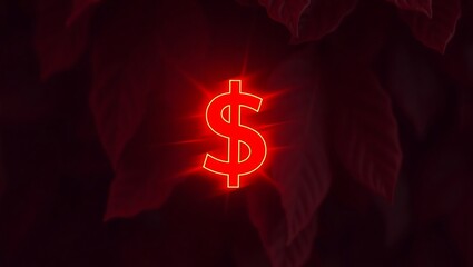 Red Neon Dollar Sign Against Dark Foliage Symbolizing Finance