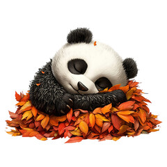 A Cartoon Panda Napping on a Pile of Leaves Isolated on Transparent Background