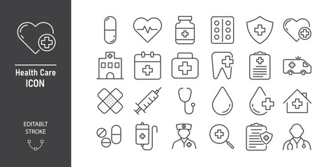 Healthcare and medical line icon set. Hospital, doctor, medicine, nurse,  report, illness, injury, and more. Icon element for app, website and interface. Vector illustration. Editable stroke.