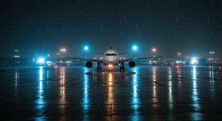 Obraz premium Commercial airplane on wet airport runway at night during heavy rain. Modern passenger jet ready for takeoff in bad weather conditions.