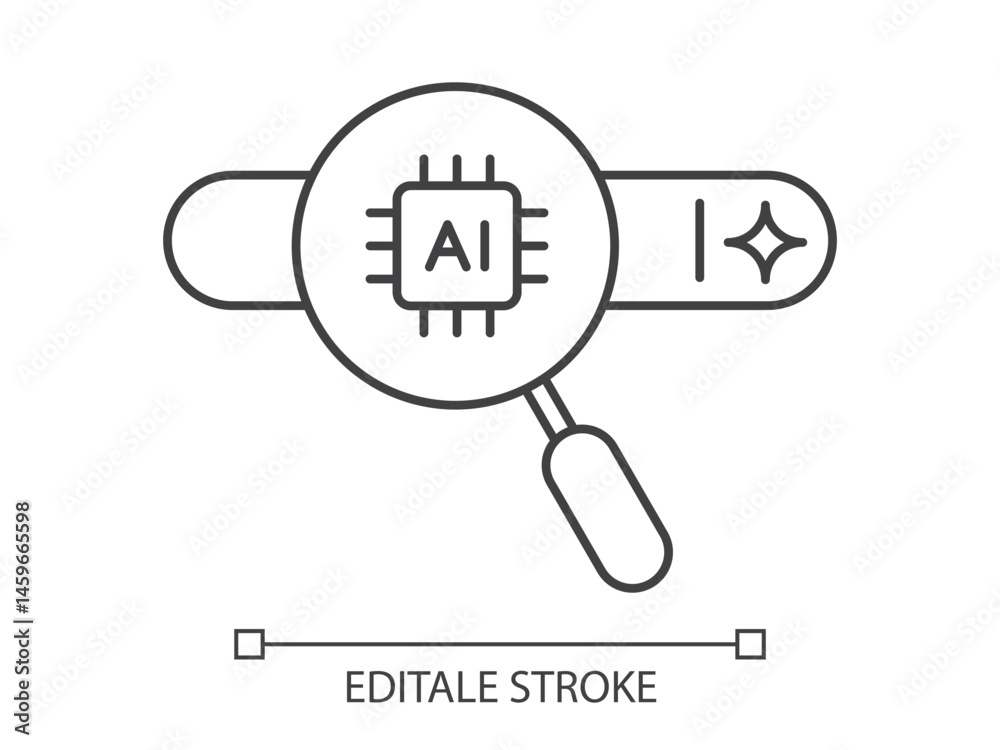 Poster Concept of Artificial Intelligence. Magnifying glass with AI search bar. AI searching and analysis. Data analysis, machine learning, and smart search engine. Vector illustration. Editable stroke.