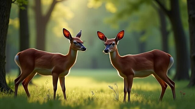 Peaceful Moment Captured Between Two Muntjac Deer Standing Tranquilly in Their Natural Habitat