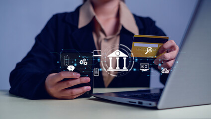 Businessman showing online banking and network connection icons. Online payment, shopping, business...