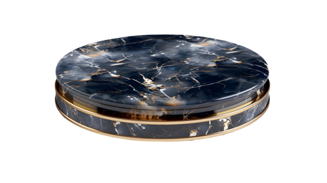 A close up of a round transparent marble platform with gold trim on a transparent background