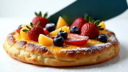 Vertical Presentation of a Traditional Sweet Flat Cake Topped with Candied Fruit Eaten During a Summer Festival in a European Region - Powered by Adobe