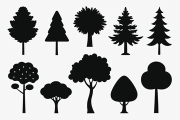 Pine tree silhouettes. Evergreen forest firs and spruces black shapes, wild nature trees templates. Vector illustration woodland trees set on white background