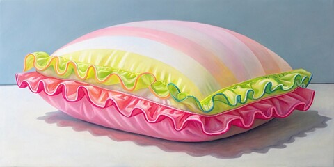 Painting of inflating deflated object with neon colored ruffled edges, abstract, minimal