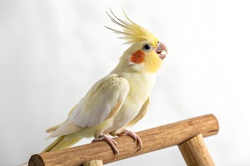 cockatiel with raised crest singing on at wooden perch