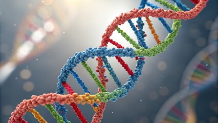 protein structure helix diagram Concept. DNA helix structure with colorful nucleotides and abstract background.