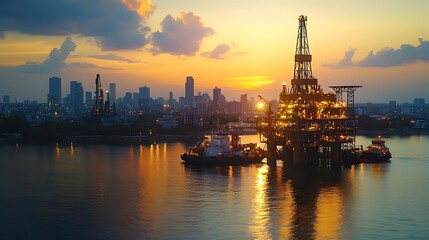 Fototapeta premium Offshore oil rig sunset city