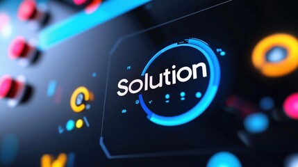 magnifying on word in business concept. Digital design featuring the word "Solution" in vibrant colors.