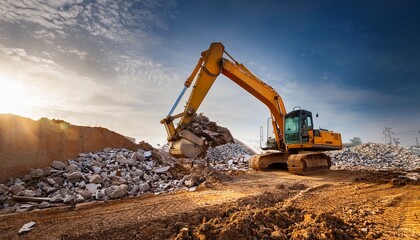 heavy excavator lifting debris at a construction site