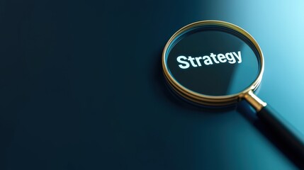 magnifying on word in business concept. Magnifying glass focusing on the word "Strategy" on a surface.