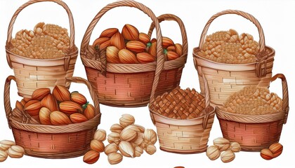 seamless watercolor baskets of nuts pattern on white background drawing abstract illustration