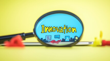 magnifying on word in business concept. Creative concept of innovation through a magnifying glass on a laptop.