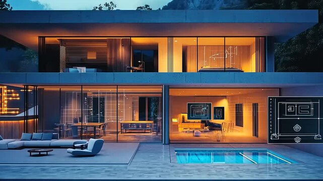 Modern two-story villa with pool at dusk, luxurious architectural design