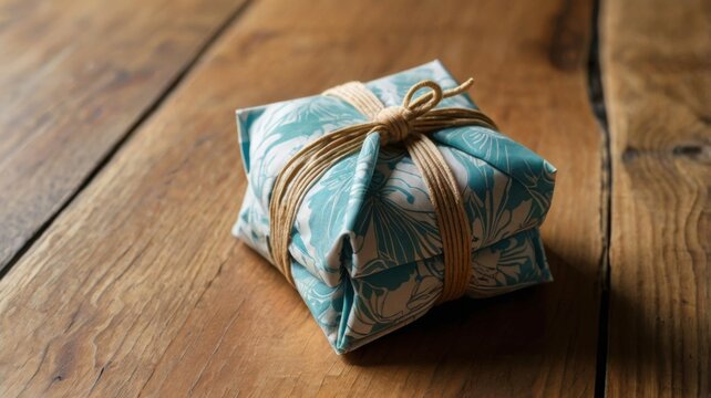 Gift Wrapped in Floral Fabric on Wood
