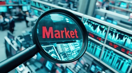 magnifying on word in business concept. Market analysis through a magnifying glass in a trading environment.