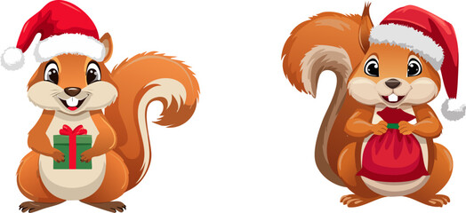 Fototapeta premium Illustration Two cheerful squirrels are celebrating Christmas in red Santa hats and holding a gifts