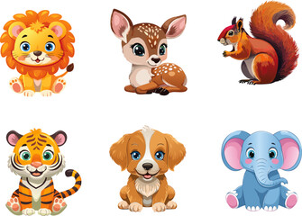 Obraz premium Illustrations of 6 cute animal cartoons: lion, deer, squirrel, tiger, puppy and elephant.