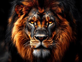 Fototapeta premium Fierce lion portrait, intense gaze, fiery mane, dark background