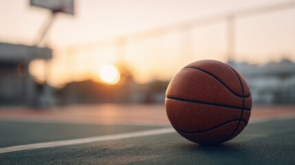 A basketball rests on an outdoor court at sunset, capturing the calm after a game.
