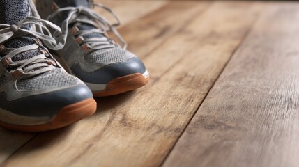 A pair of worn athletic sneakers on a wooden floor, suggesting exercise or readiness.