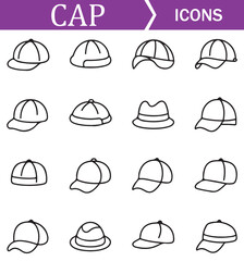 Collection of various hat icons in line art style, featuring different types of hats such as caps, fedoras, and wide-brimmed hats, suitable for fashion, accessories, and lifestyle projects.
