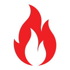 Red flame vector icon. Fire symbol for heat, danger, spicy food, or flammable materials. Bold graphic element representing energy, passion, or warning. Red illustration isolated on white background.