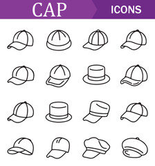 Collection of various hat icons in line art style, featuring different types of hats such as caps, fedoras, and wide-brimmed hats, suitable for fashion, accessories, and lifestyle projects.