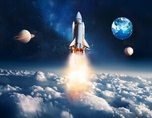 Obraz premium fantasy rocket flying through glowing clouds and planets during international space flight day