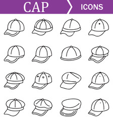 Collection of various hat icons in line art style, featuring different types of hats such as caps, fedoras, and wide-brimmed hats, suitable for fashion, accessories, and lifestyle projects.