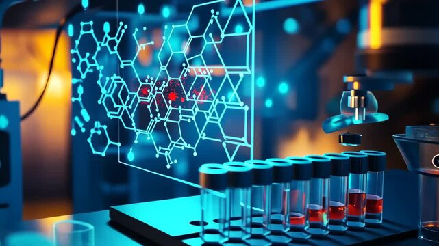 Futuristic laboratory setup features holographic projections and advanced scientific tools