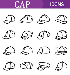 Collection of various hat icons in line art style, featuring different types of hats such as caps, fedoras, and wide-brimmed hats, suitable for fashion, accessories, and lifestyle projects.