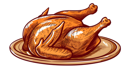 Illustration of a roasted chicken on a plate with a dark background color tone