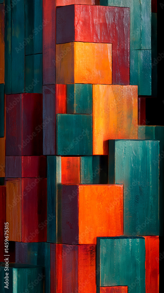 Poster abstract image of multicolored wooden blocks, creating a geometric texture. the vibrant orange, red,