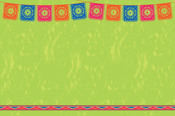 Hispanic Heritage Month, Cinco de Mayo, Fiesta. Vector horizontal green background with copy space. Vector illustration with festive Papel Picado garlands and decorative frame decorated with ornament 