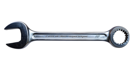 A shiny metal wrench with open end and box end on a transparent transparent background