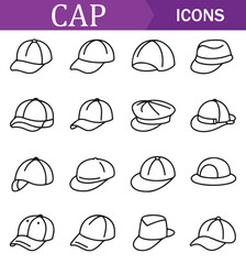 Collection of various hat icons in line art style, featuring different types of hats such as caps, fedoras, and wide-brimmed hats, suitable for fashion, accessories, and lifestyle projects.