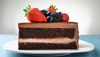 a slice of chocolate cake with strawberries and blackberries on top