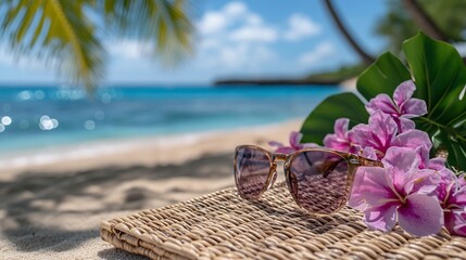 Beach scene with sunglasses and flowers on woven mat  Tropical,  blue ocean,  sand, palm trees,  vacation, relaxing,  summer