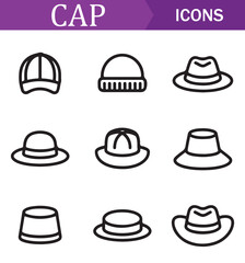 Collection of various hat icons in line art style, featuring different types of hats such as caps, fedoras, and wide-brimmed hats, suitable for fashion, accessories, and lifestyle projects.