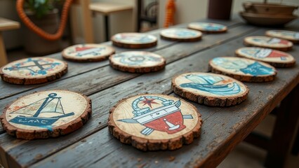 Rustic nautical-themed coasters on wooden table in coastal decor setting