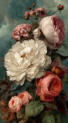 Floral painting of peonies and roses, rich textures and colors, evokes elegance and sophistication, ideal for home decor or artistic projects