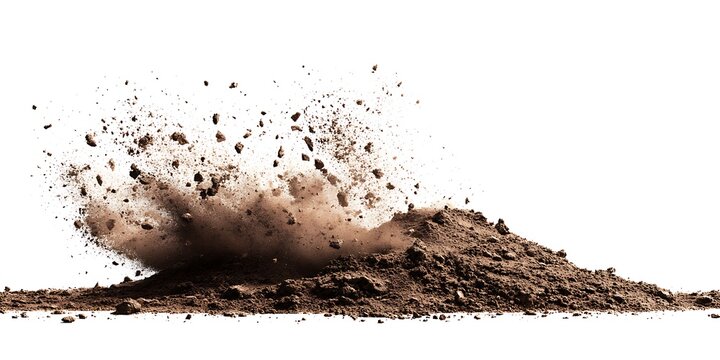 A dirt pile flying in the air on a white background