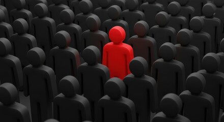 Red businessman stands out in a crowd of black figures, symbolizing leadership, individuality, and standing out from the competition in business.