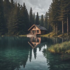 Fototapeta premium Secluded Wooden Cabin by Tranquil Lake in a Misty Forest A Peaceful Nature Escape